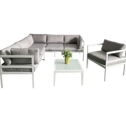 Utegrupp med bord och hörnsoffa i vit aluminium + Textilskydd för utemöbler