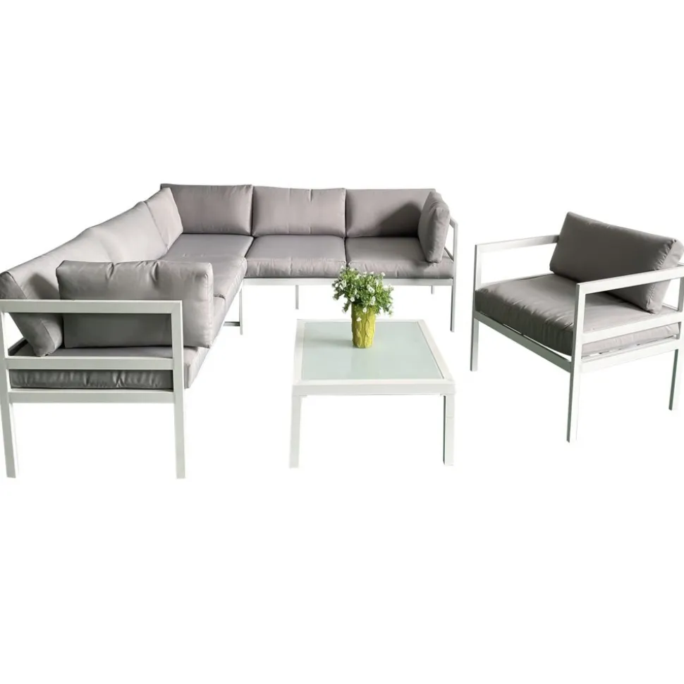 Utegrupp med bord och hörnsoffa i vit aluminium + Textilskydd för utemöbler