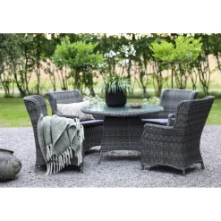 Utegrupp med runt bord och fyra fåtöljer + Textilrengöring för möbler