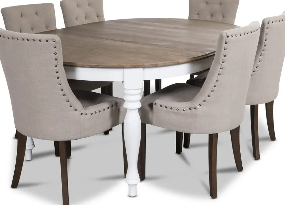 Victoria matgrupp inklusive 6 st Tuva matstolar i beige tyg + 4.00 x Möbeltassar